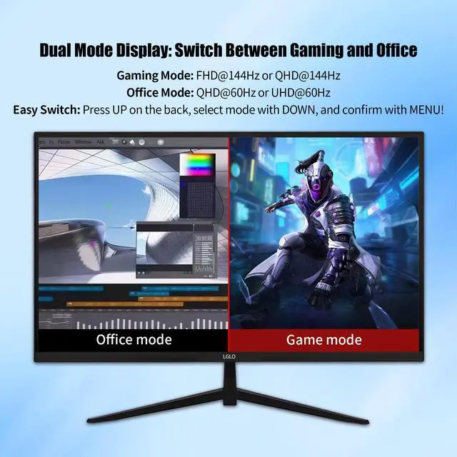 Alt view image 2 of 7 - LGLO 27 Inch 4K UHD (3840x2160) Monitor, Dual Mode 4K@60Hz/2K@144Hz, IPS Panel, Borderless Design, HDR400, 99% sRGB, Work & Gaming Monitor for Designers, Office, and PC Gaming with HDMI Display Port