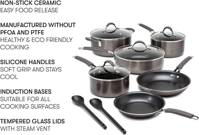 Alt view image 2 of 7 - Cooking Light Nonstick Ceramic Pots and Pans Set with Silicone Stay Cool Handles, Dishwasher Safe, 12-Piece Cookware Set, Charcoal Gray