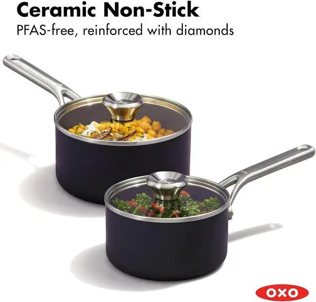 Alt view image 2 of 7 - OXO Professional 1.7QT and 2.3QT Saucepan Pot Set with Lids Hard Anodized Ceramic Nonstick Cookware PFAS-Free Induction Suitable Stainless Steel Diamond Reinforced Coating Dishwasher/ Oven Safe Black