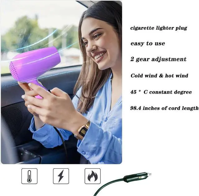 Alt view image 2 of 7 - Car Styling Blower 12V Cigarette Lighter Plug 45°C Hot Wind and Cold Wind Available Low Noise Folding Handle Hair Blower Window Defroster Drop Self-Driving Travel More Convenient