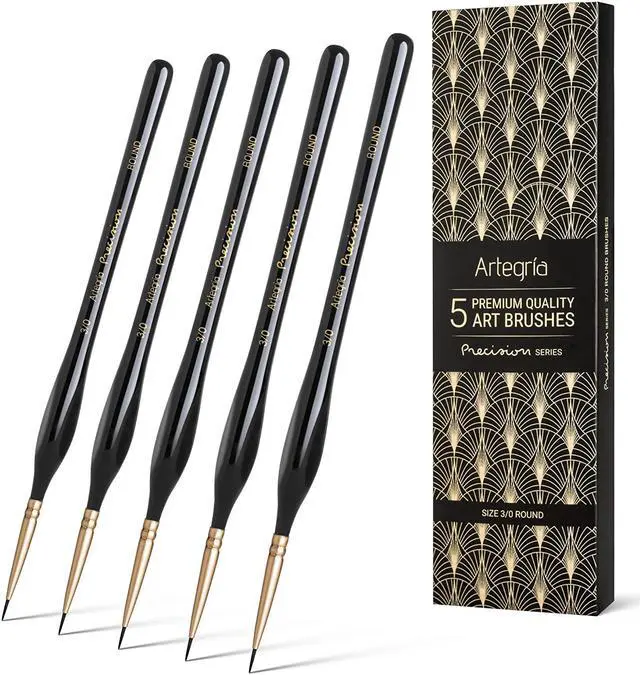 Main image of Detail Paint Brush Set, 5 Miniature Brushes, Size Round 3/0 (000) | Fine Tips, Ergonomic Handles, For Small Scale Models, Figurines and Paint by Numbers for Adults