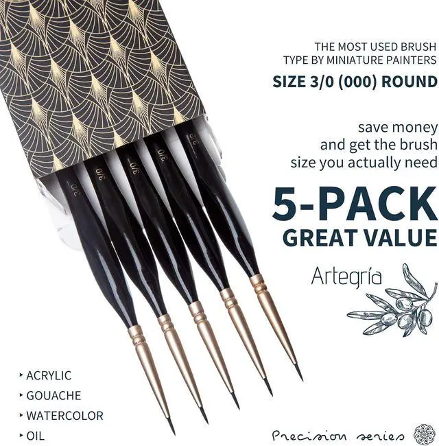 Alt view image 6 of 7 - Detail Paint Brush Set, 5 Miniature Brushes, Size Round 3/0 (000) | Fine Tips, Ergonomic Handles, For Small Scale Models, Figurines and Paint by Numbers for Adults