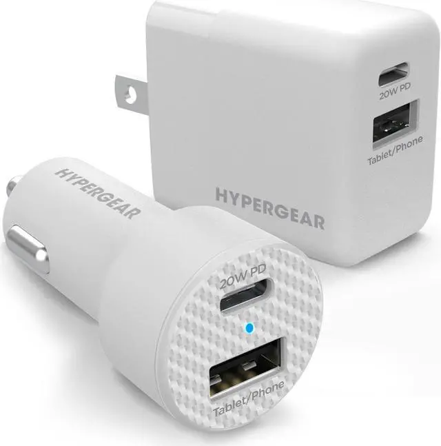 Main image of HyperGear 20W White Dual Port USB-A & USB-C CLA & Wall Charger Bundle Pack