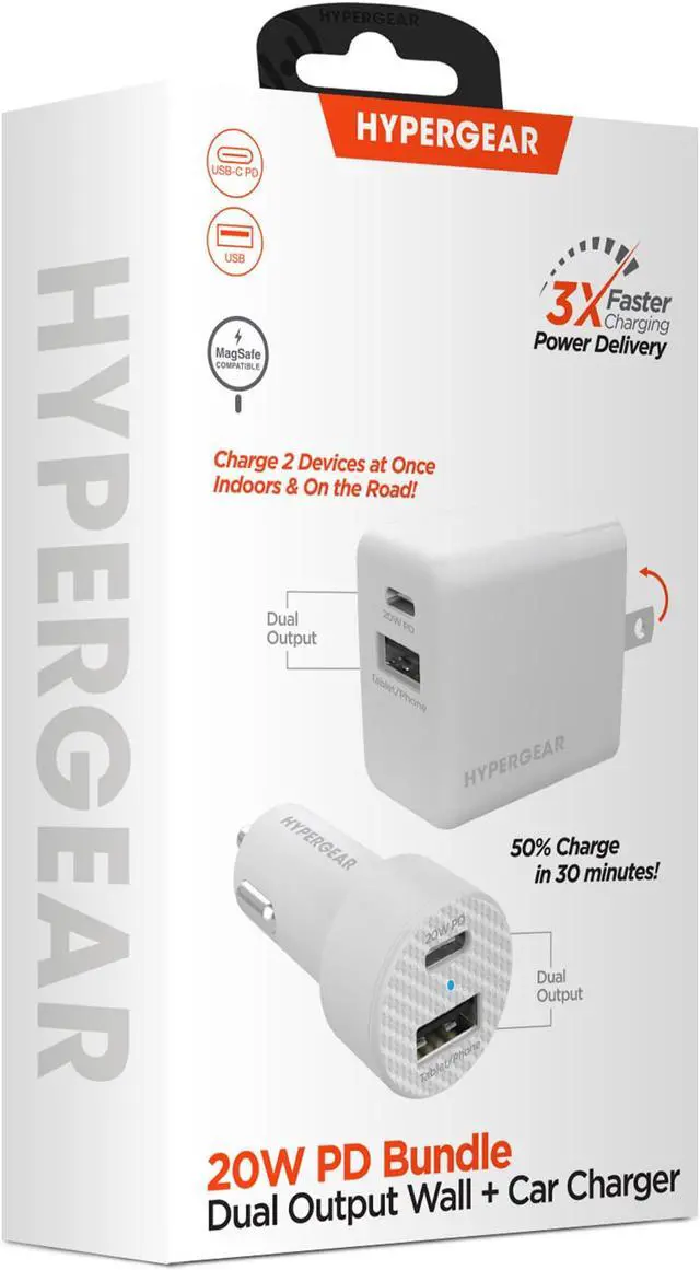 Alt view image 2 of 5 - HyperGear 20W White Dual Port USB-A & USB-C CLA & Wall Charger Bundle Pack
