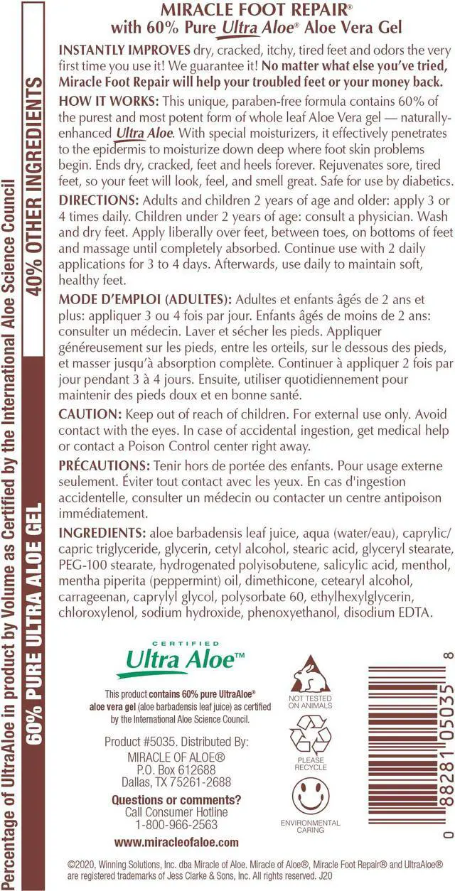 Alt view image 2 of 2 - Miracle Foot Repair Cream | 32 Ounce Bottle | 60% Pure Aloe Vera Gel | Fast Relief for Dry, Cracked, Itchy Feet and Heels | Moisturizes | Softens | Restores Comfort | Stops Nasty Odor | Diabetic-Safe
