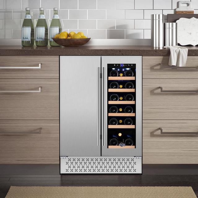 Tylza Wine and Beverage Refrigerator, 24 inch Built-in Dual Zone Wine and Beverage Cooler, Freestanding French Door Drin