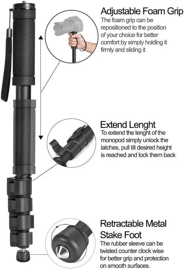 Alt view image 2 of 6 - Acuvar 62' Inch Monopod with Integrated Safety Strap and 4 Section Extending Pole for All Digital Cameras, DSLR, Mirrorless, Compact Cameras, Camcorders & Cell Phones
