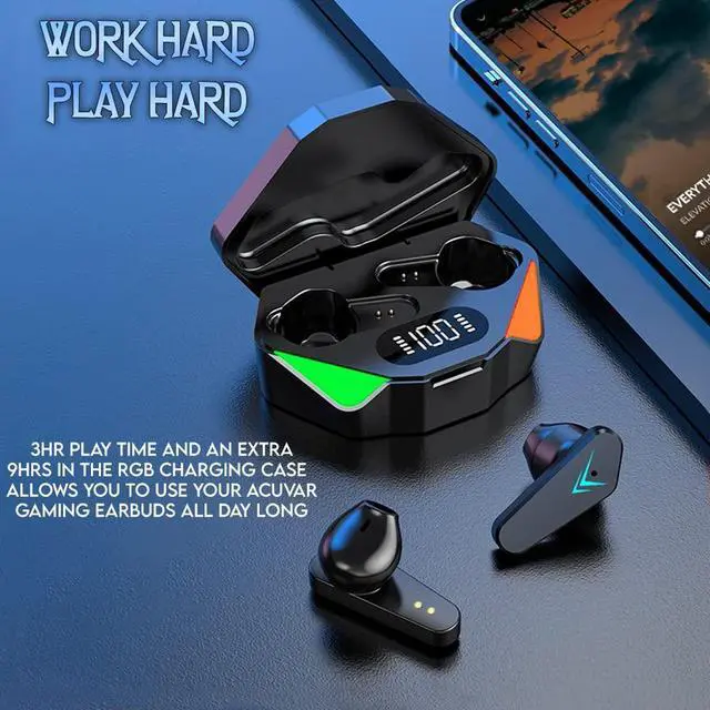 Alt view image 2 of 5 - Acuvar Fully Wireless Bluetooth 5.2 Rechargeable Waterproof Sweatproof Gaming Earbud Headphones with Microphone, RGB LED 12h USB C Power Charging Case Surround Stereo Bass and Passive Noise Cancelling