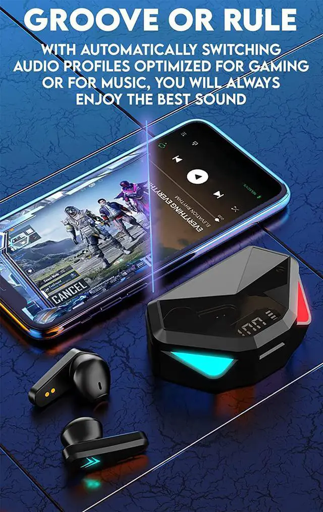 Alt view image 4 of 5 - Acuvar Fully Wireless Bluetooth 5.2 Rechargeable Waterproof Sweatproof Gaming Earbud Headphones with Microphone, RGB LED 12h USB C Power Charging Case Surround Stereo Bass and Passive Noise Cancelling