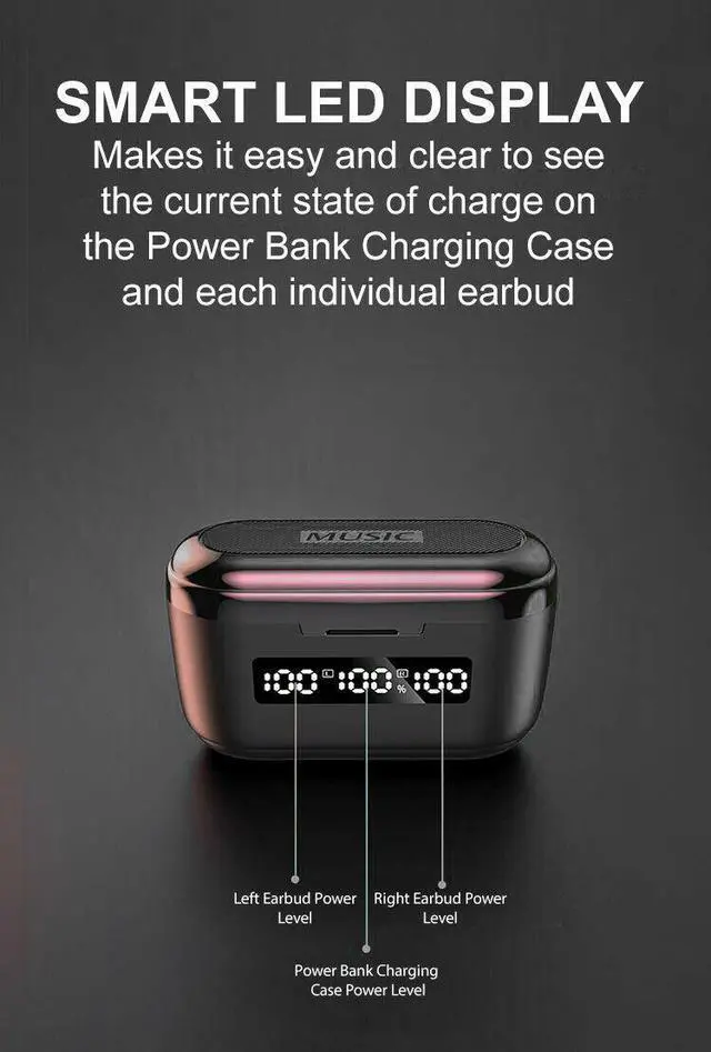 Alt view image 5 of 7 - Acuvar Fully Wireless Bluetooth 5.1 Rechargeable IPX4 Waterproof Earbud Headphones with Microphone, 3500mAh USB Power Bank Dock Charging Case Powerful Surround Stereo Bass and Passive Noise Cancelling