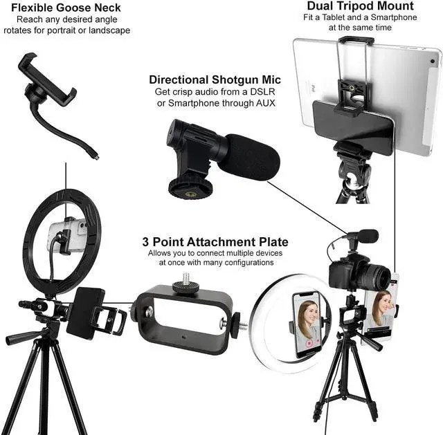 Alt view image 6 of 6 - Acuvar Pro LED Ring Light Vlogging Kit for iPhone/Android Ipad Tablet & Camera with 50" Tripod, Phone & Tablet Holder Mount, Microphone & Bluetooth Remote for Live Stream, YouTube, Instagram TikTok