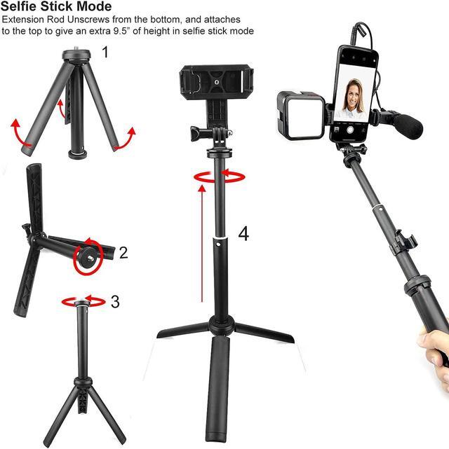 Alt view image 3 of 7 - Acuvar Selfie Stick Tripod Vlogging Kit for All Smartphones iPhone, Android w/LED Light, Rotating Phone Holder, Microphone, Bluetooth Remote, Hard Case for Live Stream, YouTube, Instagram TikTok