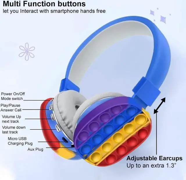 Alt view image 2 of 6 - Acuvar Wireless or Wired Bluetooth 5.2 Rechargeable Over The Ear Headphones with Silicone Fidget Pop It Headphones Bubbles Microphone, Powerful Surround Stereo Bass and Passive Noise Cancelling