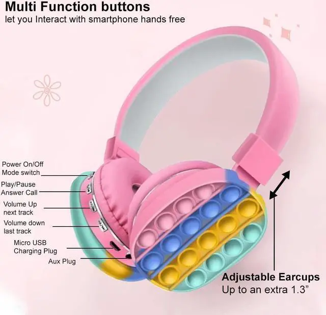 Alt view image 2 of 6 - Acuvar Wireless or Wired Bluetooth 5.2 Rechargeable Over The Ear Headphones with Silicone Fidget Pop It Headphones Bubbles Microphone, Powerful Surround Stereo Bass and Passive Noise Cancelling Pink
