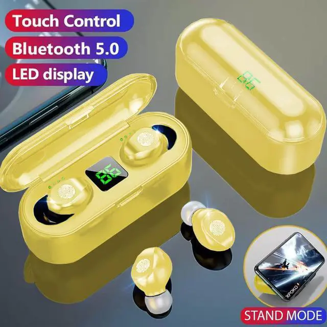 Alt view image 2 of 7 - Acuvar Fully Wireless Bluetooth 5.0 Rechargeable IPX7 Waterproof Earbud Headphones w Microphone, 2000mAh USB Smart Dual Charging Case/Stand Surround Stereo Bass and Passive Noise Cancelling Yellow