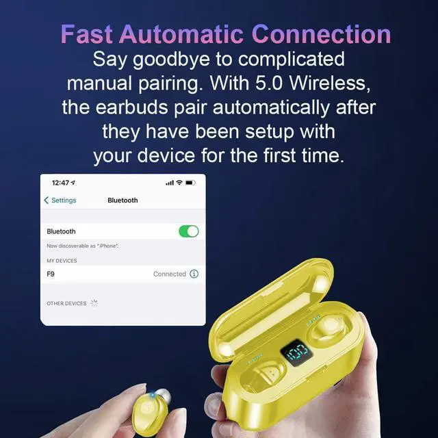 Alt view image 3 of 7 - Acuvar Fully Wireless Bluetooth 5.0 Rechargeable IPX7 Waterproof Earbud Headphones w Microphone, 2000mAh USB Smart Dual Charging Case/Stand Surround Stereo Bass and Passive Noise Cancelling Yellow