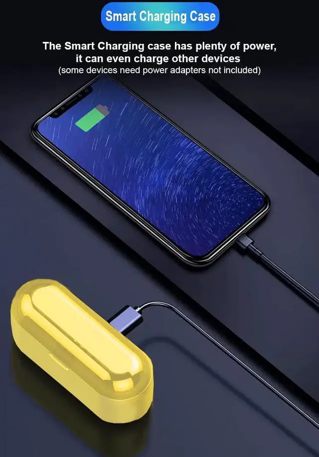 Alt view image 4 of 7 - Acuvar Fully Wireless Bluetooth 5.0 Rechargeable IPX7 Waterproof Earbud Headphones w Microphone, 2000mAh USB Smart Dual Charging Case/Stand Surround Stereo Bass and Passive Noise Cancelling Yellow