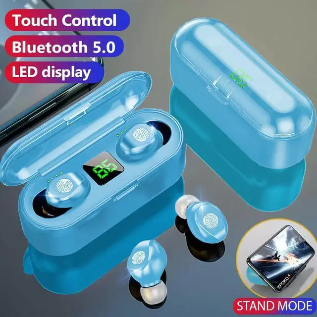 Alt view image 2 of 7 - Acuvar Fully Wireless Bluetooth 5.0 Rechargeable IPX7 Waterproof Earbud Headphones w Microphone, 2000mAh USB Smart Dual Charging Case/Stand Surround Stereo Bass and Passive Noise Cancelling Light Blue
