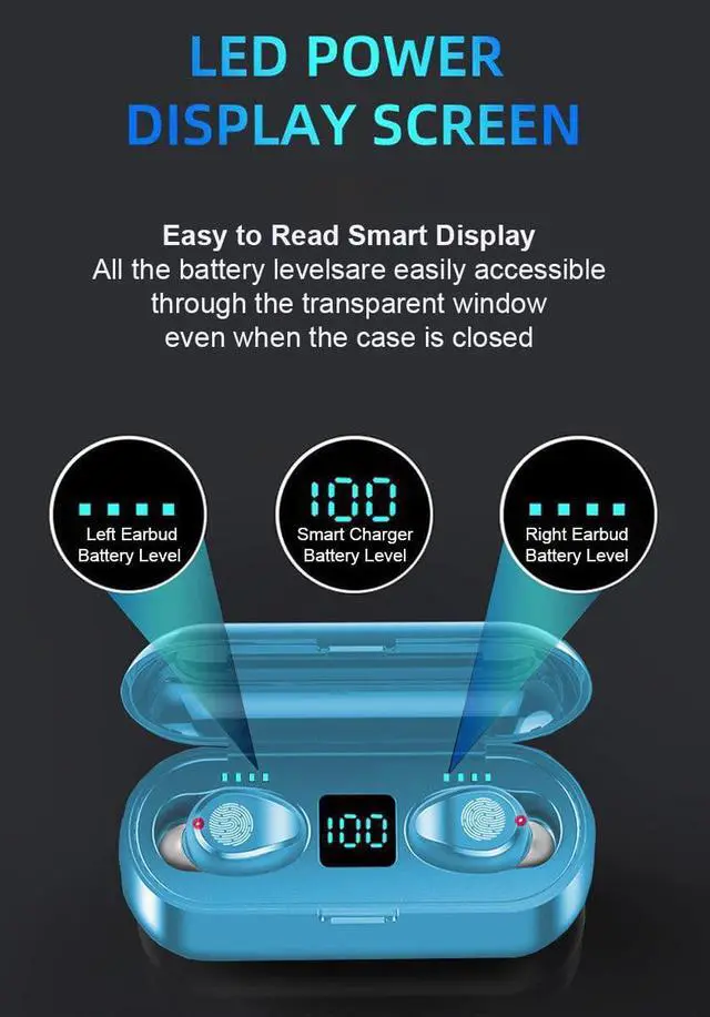 Alt view image 6 of 7 - Acuvar Fully Wireless Bluetooth 5.0 Rechargeable IPX7 Waterproof Earbud Headphones w Microphone, 2000mAh USB Smart Dual Charging Case/Stand Surround Stereo Bass and Passive Noise Cancelling Light Blue
