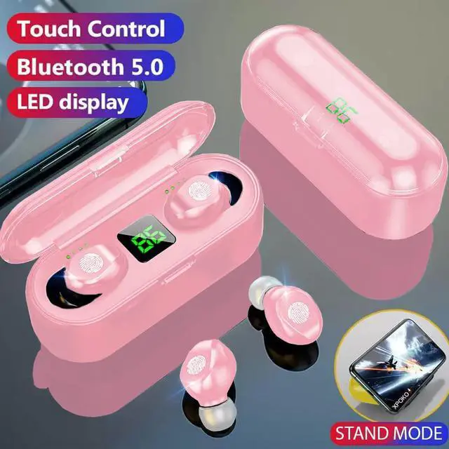 Alt view image 2 of 7 - Acuvar Fully Wireless Bluetooth 5.0 Rechargeable IPX7 Waterproof Earbud Headphones w Microphone, 2000mAh USB Smart Dual Charging Case/Stand Surround Stereo Bass and Passive Noise Cancelling Pink