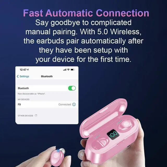 Alt view image 3 of 7 - Acuvar Fully Wireless Bluetooth 5.0 Rechargeable IPX7 Waterproof Earbud Headphones w Microphone, 2000mAh USB Smart Dual Charging Case/Stand Surround Stereo Bass and Passive Noise Cancelling Pink