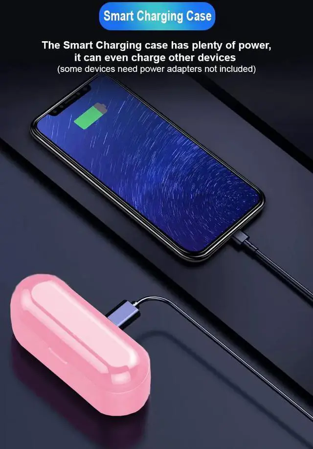 Alt view image 4 of 7 - Acuvar Fully Wireless Bluetooth 5.0 Rechargeable IPX7 Waterproof Earbud Headphones w Microphone, 2000mAh USB Smart Dual Charging Case/Stand Surround Stereo Bass and Passive Noise Cancelling Pink