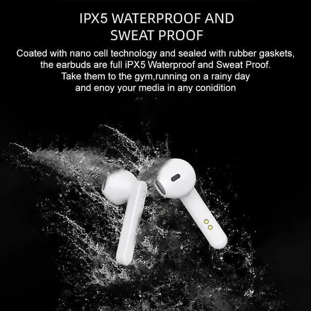 Alt view image 6 of 6 - Acuvar Fully Wireless Bluetooth 5.0 Rechargeable iPX5 Water & Sweat Proof Earbud Headphones w Microphone, Touch Controls, Smart LCD Charging Case, Surround Stereo Bass and Noise Cancelling White