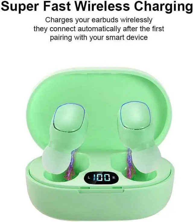 Alt view image 7 of 7 - Acuvar Fully Wireless Bluetooth 5.0 Rechargeable iPX4 Water & Sweat Proof Earbud Headphones w Microphone, Touch Controls, Smart LCD Charging Case, 3D Stereo Bass and Noise Cancelling Green