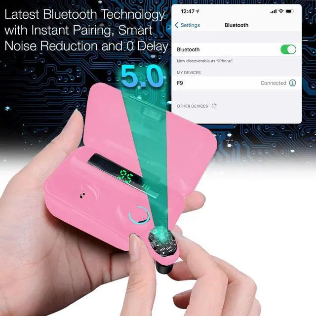 Alt view image 4 of 7 - Acuvar Fully Wireless Bluetooth 5.0 Rechargeable IPX7 Waterproof Earbud Headphones with Microphone, 1800mAh USB Smart Dual Charging Case Powerful Surround Stereo Bass and Passive Noise Cancelling Pink