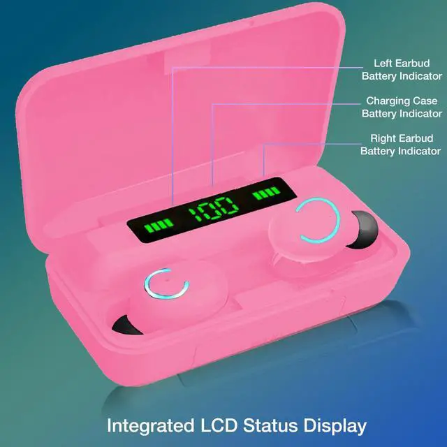 Alt view image 5 of 7 - Acuvar Fully Wireless Bluetooth 5.0 Rechargeable IPX7 Waterproof Earbud Headphones with Microphone, 1800mAh USB Smart Dual Charging Case Powerful Surround Stereo Bass and Passive Noise Cancelling Pink