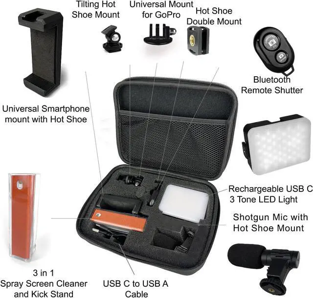 Alt view image 4 of 4 - Acuvar 12" Flexible Tripod Deluxe Vlogging Kit for iPhone, Android & Cameras, LED Light, Phone Holder, Gopro Mount, Bluetooth Remote & Screen Cleaner for Live Stream YouTube Instagram TikTok