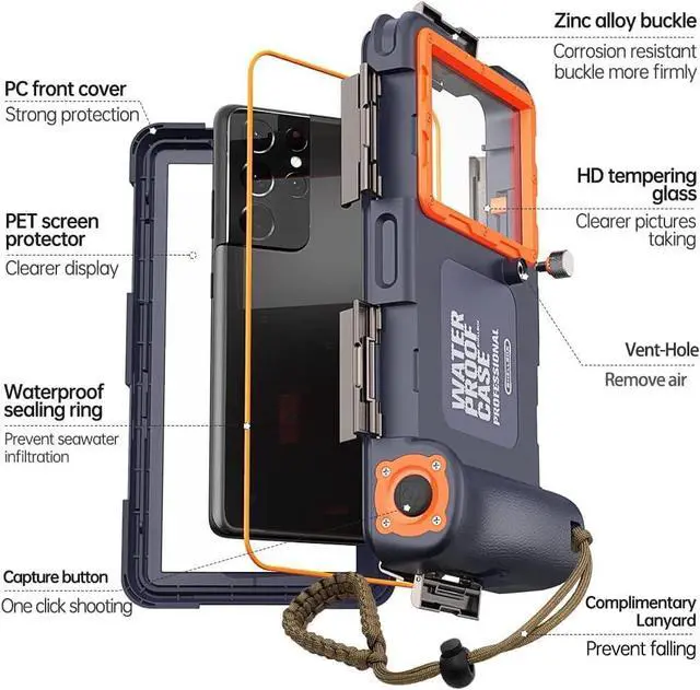 Alt view image 4 of 4 - Acuvar New Updated Extreme Waterproof Underwater Diving, Snorkel Phone Case Compatible with All iPhone (Max, Plus, S), Samsung, LG, Google, Android Up to 50Ft, 15M with Lanyard, New Gen