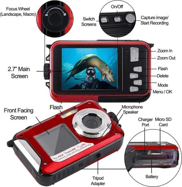 Alt view image 3 of 3 - Acuvar 48MP Megapixel Waterproof Dual Screen Full HD 1080P Digital Camera for Under Water Photo and Video Recording for Selfies with LED Flash Light for Adults and Kids Red