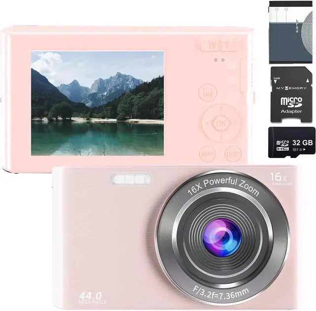 Main image of Acuvar 44MP Compact Point and Shoot Digital Camera, 16X Digital Zoom, 2.4 Inch Screen & 32GB SD Card, Vlogging Camera for Kids Teens Students Boys Girls Seniors Pink
