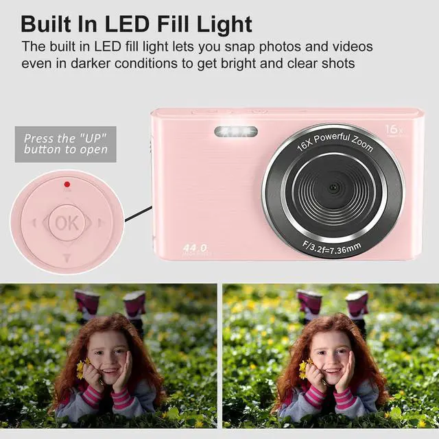 Alt view image 4 of 5 - Acuvar 44MP Compact Point and Shoot Digital Camera, 16X Digital Zoom, 2.4 Inch Screen & 32GB SD Card, Vlogging Camera for Kids Teens Students Boys Girls Seniors Pink