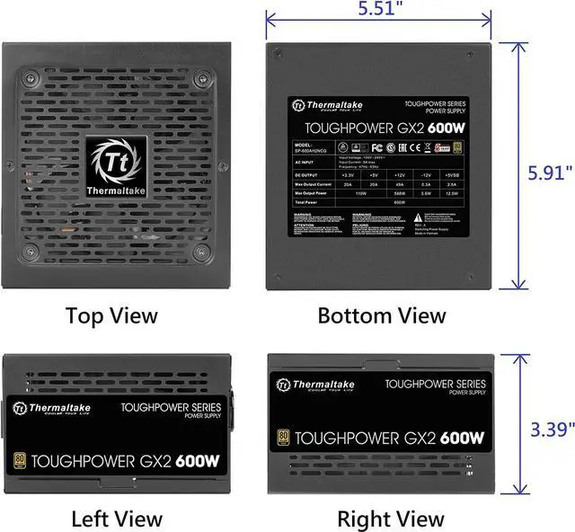 Alt view image 6 of 7 - Thermaltake Toughpower GX2 80+ Gold 600W SLI/Crossfire Ready Continuous Power ATX 12V V2.4/EPS V2.92 Non Modular Power Supply 5 Year Warranty PS-TPD-0600NNFAGU-2