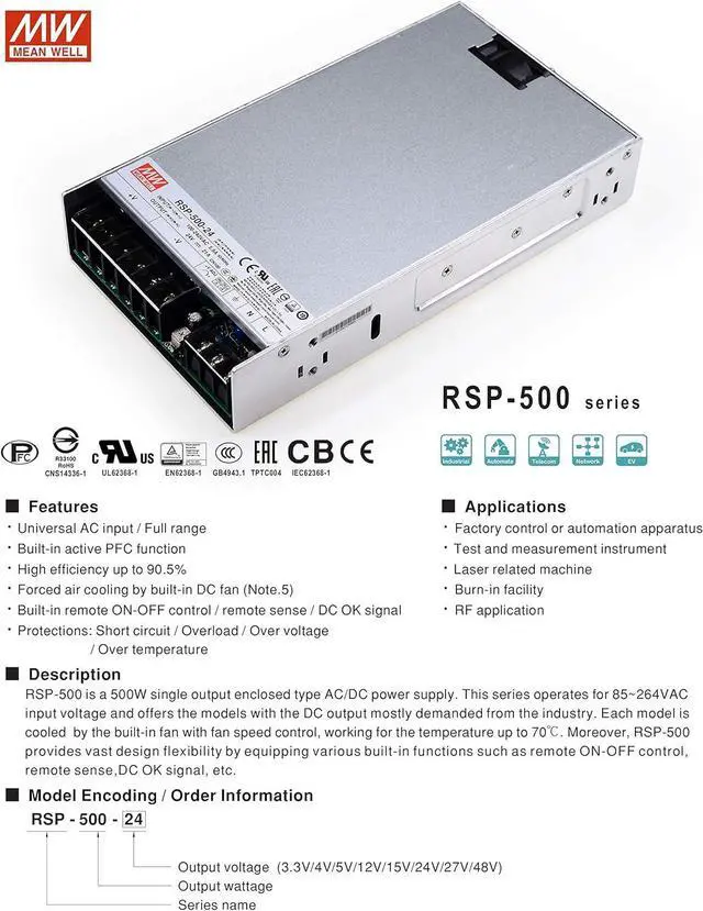 Alt view image 3 of 5 - RSP-500-24 DC Power Supply 500W/24V/21A PFC for 3D Printer, LED Strip Light, Industrial Control System NES/SE/S