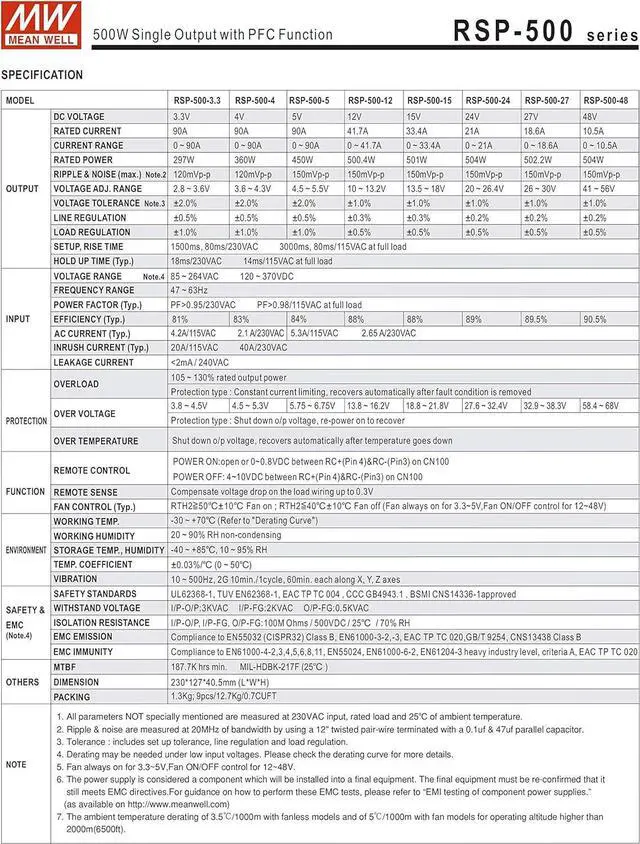 Alt view image 4 of 5 - RSP-500-24 DC Power Supply 500W/24V/21A PFC for 3D Printer, LED Strip Light, Industrial Control System NES/SE/S