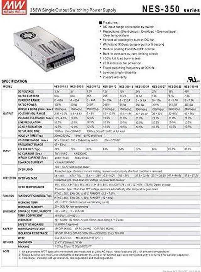 Alt view image 6 of 7 - Enclosed Type SMPS 350.4W 24V 14.6A NES-350-24 Meanwell AC-DC Single Output Switching Power Supply NES-350Series Mean Well Power Source