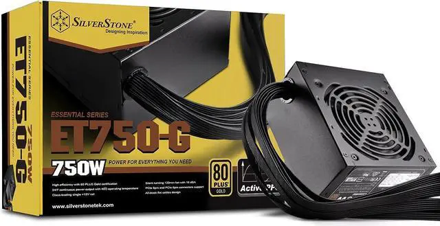 Main image of SilverStone Tek 750W 80 Plus Gold Fixed Cable Power Supply with Flat Black Cables and Quiet Fan Curve SST-ET750-G