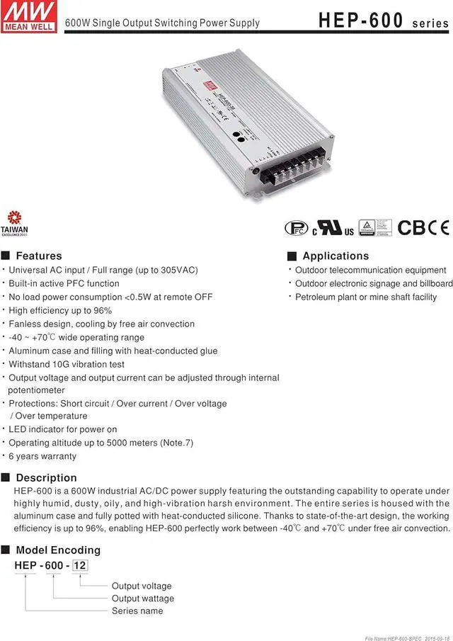 Alt view image 2 of 5 - MEAN WELL HEP-600-54 54V 11.2A 604.8W Single Output Switching Power Supply Harsh Environment
