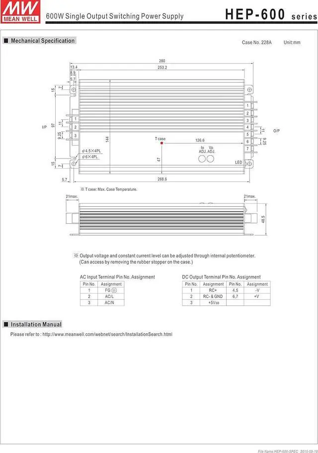 Alt view image 5 of 5 - MEAN WELL HEP-600-54 54V 11.2A 604.8W Single Output Switching Power Supply Harsh Environment