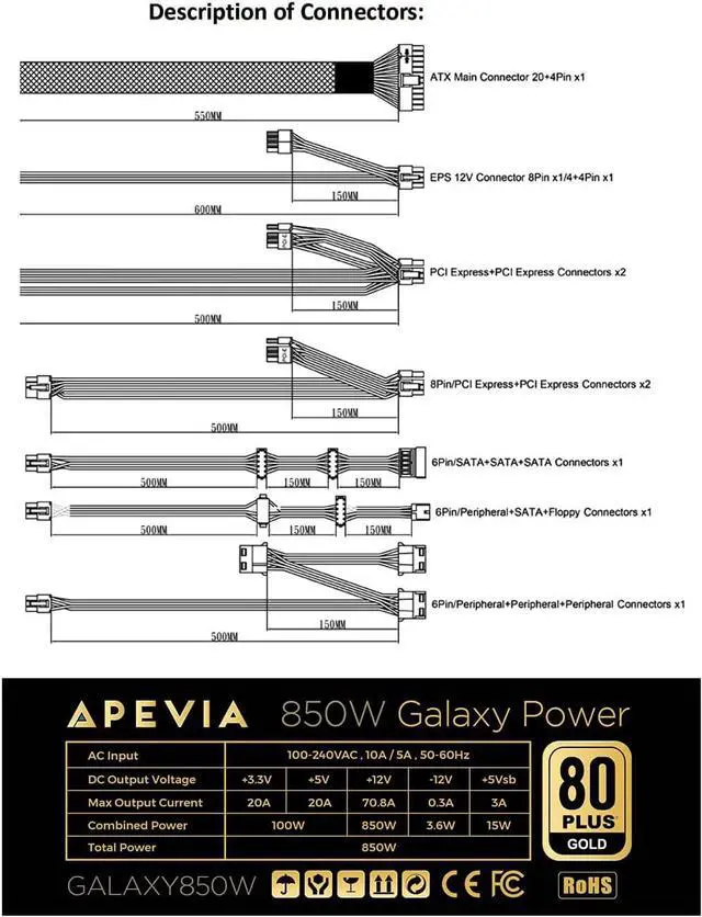 Alt view image 3 of 6 - Apevia ATX-GX850W Galaxy 850W (No PCIe 5.0 & Gen 5 12VHPWR Connector) 80+ Gold Certified Active PFC ATX Semi-Modular Gaming Power Supply