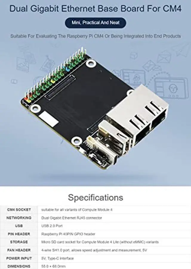 Alt view image 2 of 5 - waveshare Mini Dual Gigabit Ethernet Base Board Compatible with Raspberry Pi Compute Module 4 Suitable for All Variants of Compute Module 4, Only Including CM4-DUAL-ETH-MINI Baseboard