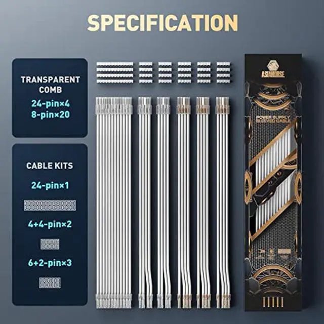 Alt view image 2 of 5 - AsiaHorse PSU Cable Extension Kit, 24Pin/4+4 EPS/6+2 PCI-E 16AWG Power Supply Sleeved Cable Kit for Two-Way CPU Performance, 6kit Pro Clear Series