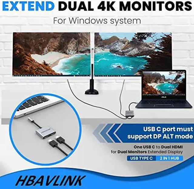 Alt view image 2 of 5 - USB C to Dual HDMI Adapter for Dual Monitor[(w/2pack HDMI Cable)] ,HBAVLINK Dual Monitor Adapter Extended Display Dual 4K,USBC to HDMI Splitter for Dual Monitor Adapter for Laptop