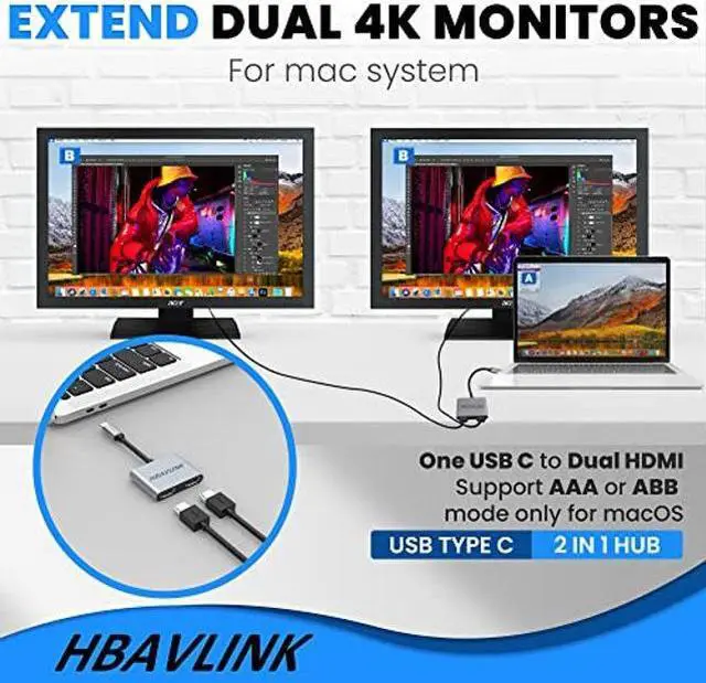 Alt view image 3 of 5 - USB C to Dual HDMI Adapter for Dual Monitor[(w/2pack HDMI Cable)] ,HBAVLINK Dual Monitor Adapter Extended Display Dual 4K,USBC to HDMI Splitter for Dual Monitor Adapter for Laptop