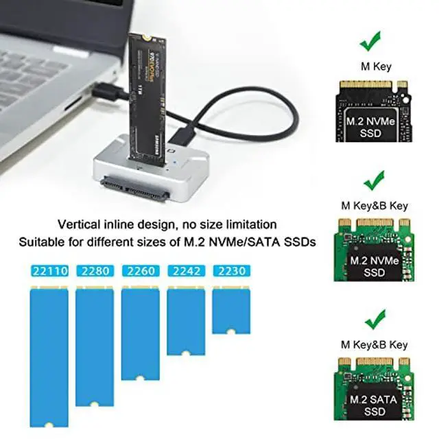Alt view image 3 of 5 - AOKO M.2 Docking Station, 4-in-1 NVMe to USB Reader Adapter with 2.5" /3.5" SATA Hard Drive Adapter for M.2 (M Key) NVMe / (B+M Key) SATA-Based SSD and SATA III Drives