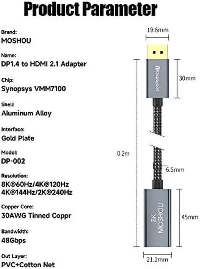 Alt view image 4 of 4 - DisplayPort 1.4 to HDMI 2.1 HDR Active Adapter,Support 4k@120Hz,8K@60Hz,HDR,Uni-Directional Display Port 1.4 to HDMI 8K Converter,Support for RTX3080/3090,RX6800/6900 and More