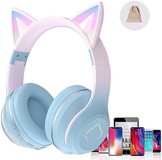 ESSGUO Kids Over Ear Headphones Bluetooth, Girls Cat Ear Wireless  Headphones with Colorful LED Lights, Built-in Mic, HiFi Stereo Foldable  Wired